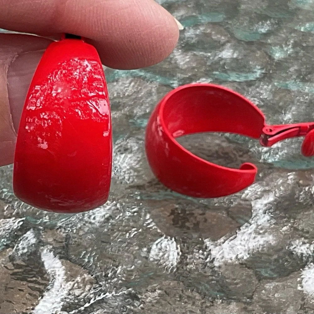 Red Hoop Clip Earrings Metal lightweight 1” diameter